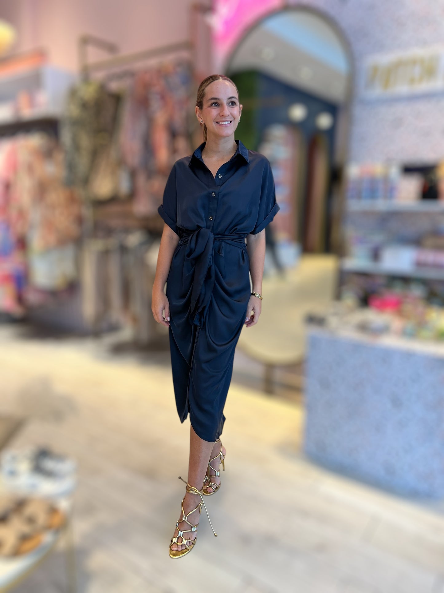 Navy Silky tie in front dress 18 abril