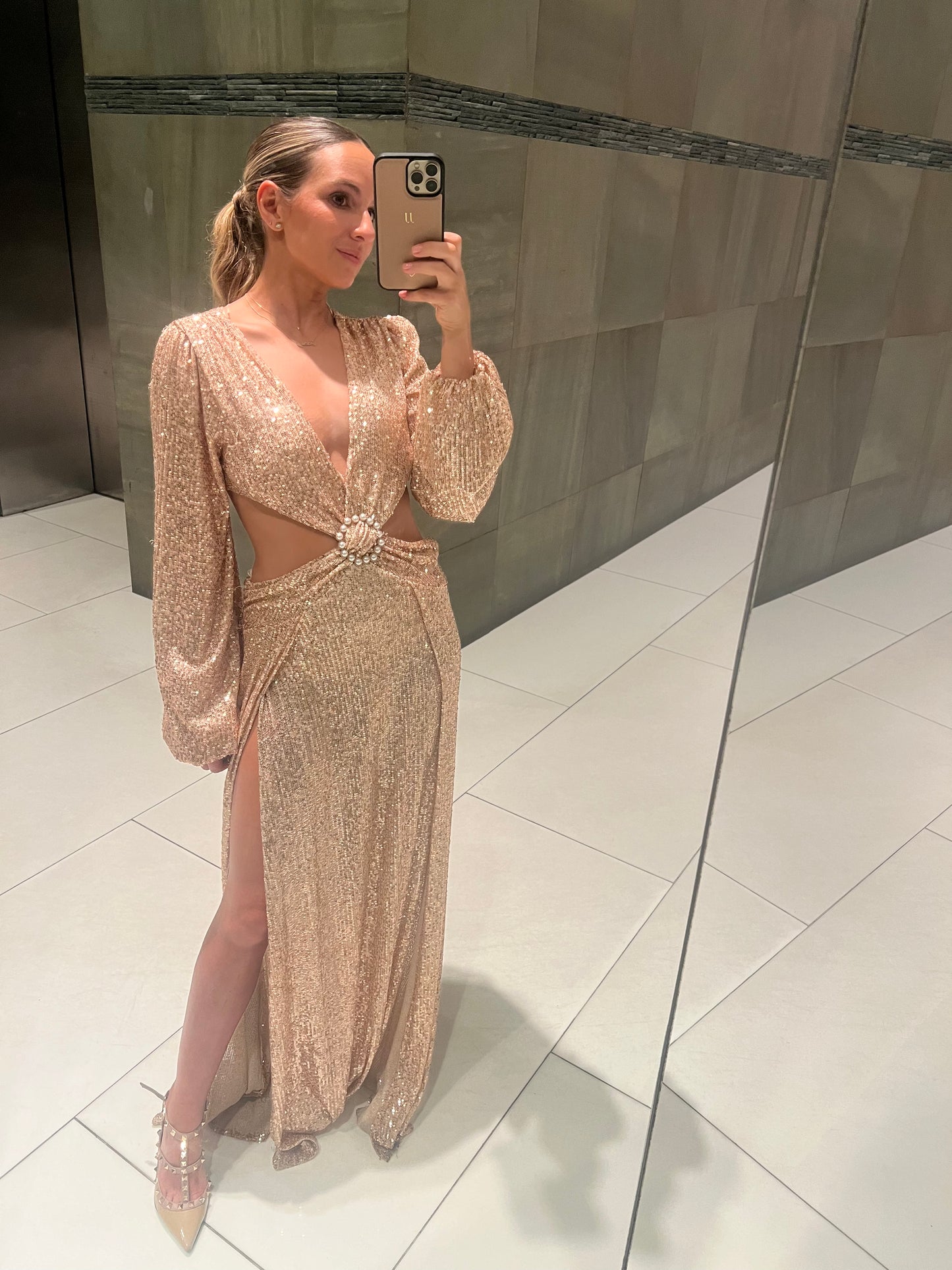 Gold rose sequins cut out puffy dress