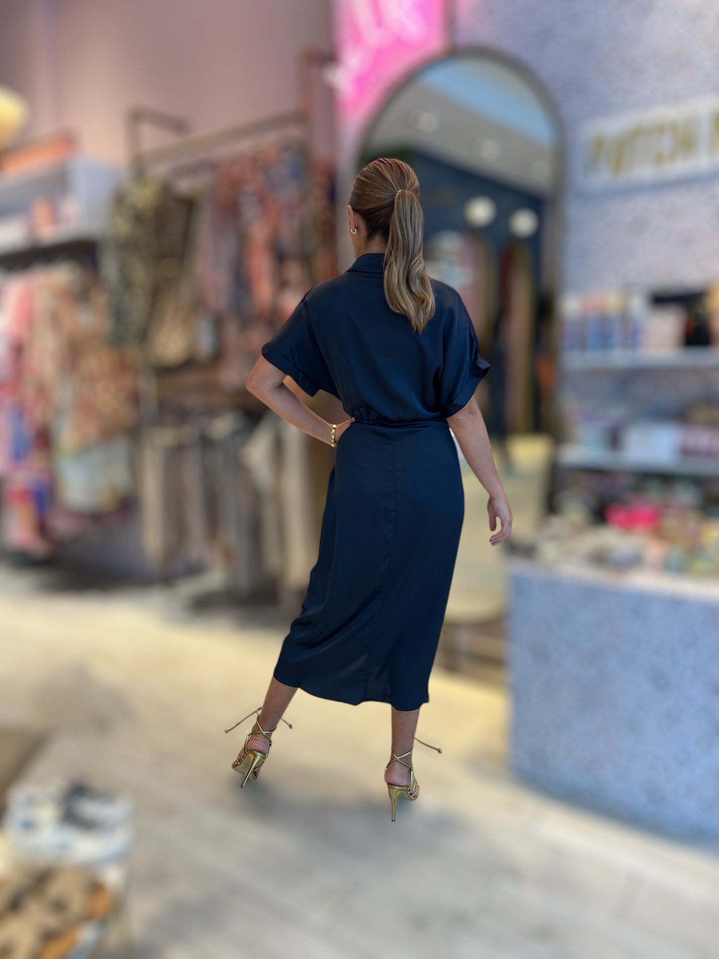 Navy Silky tie in front dress 18 abril