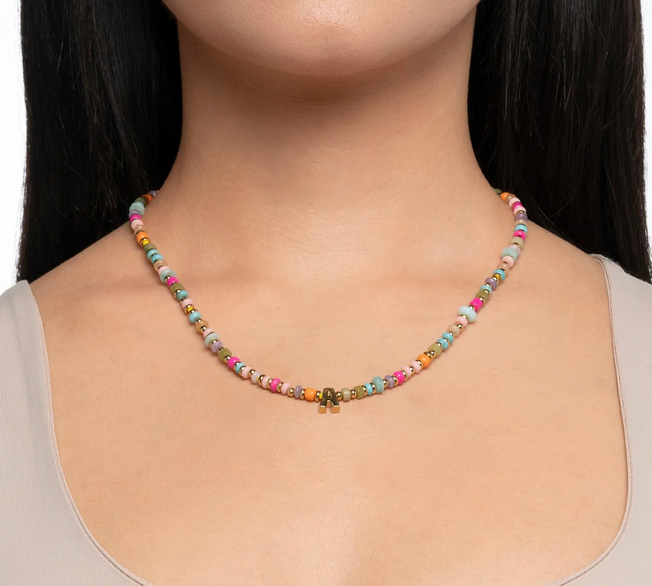Mayamar Multi stone beaded initial necklace