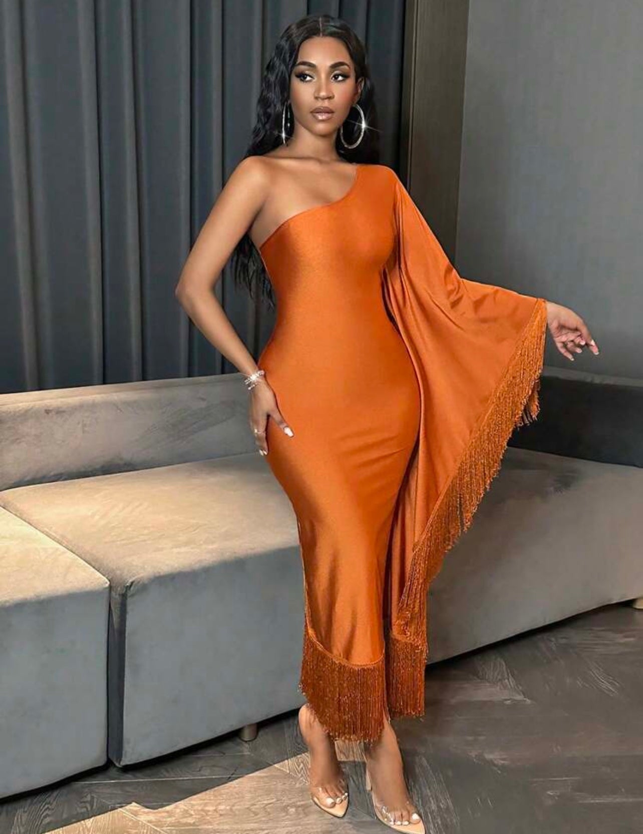 Orange Fringed One shoulder dress 25 abril
