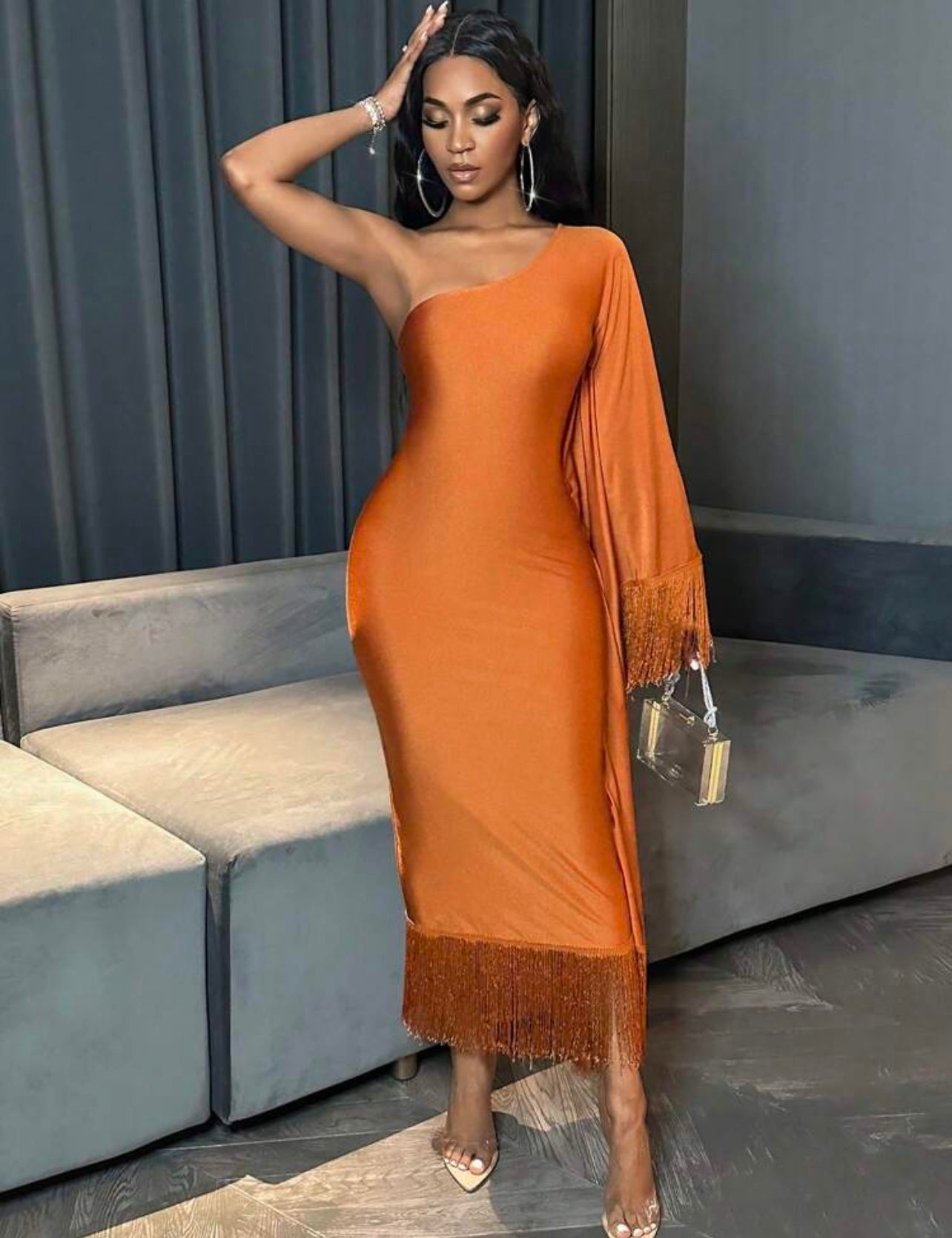 Orange Fringed One shoulder dress 25 abril