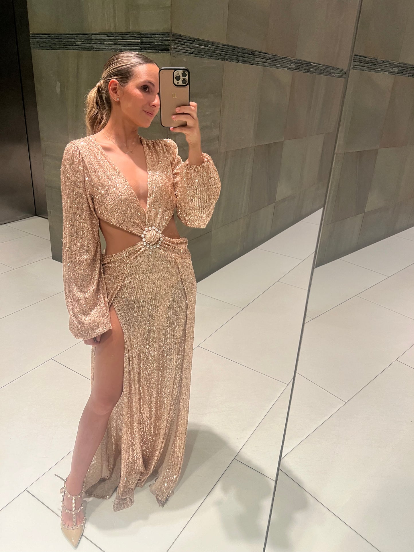 Gold rose sequins cut out puffy dress
