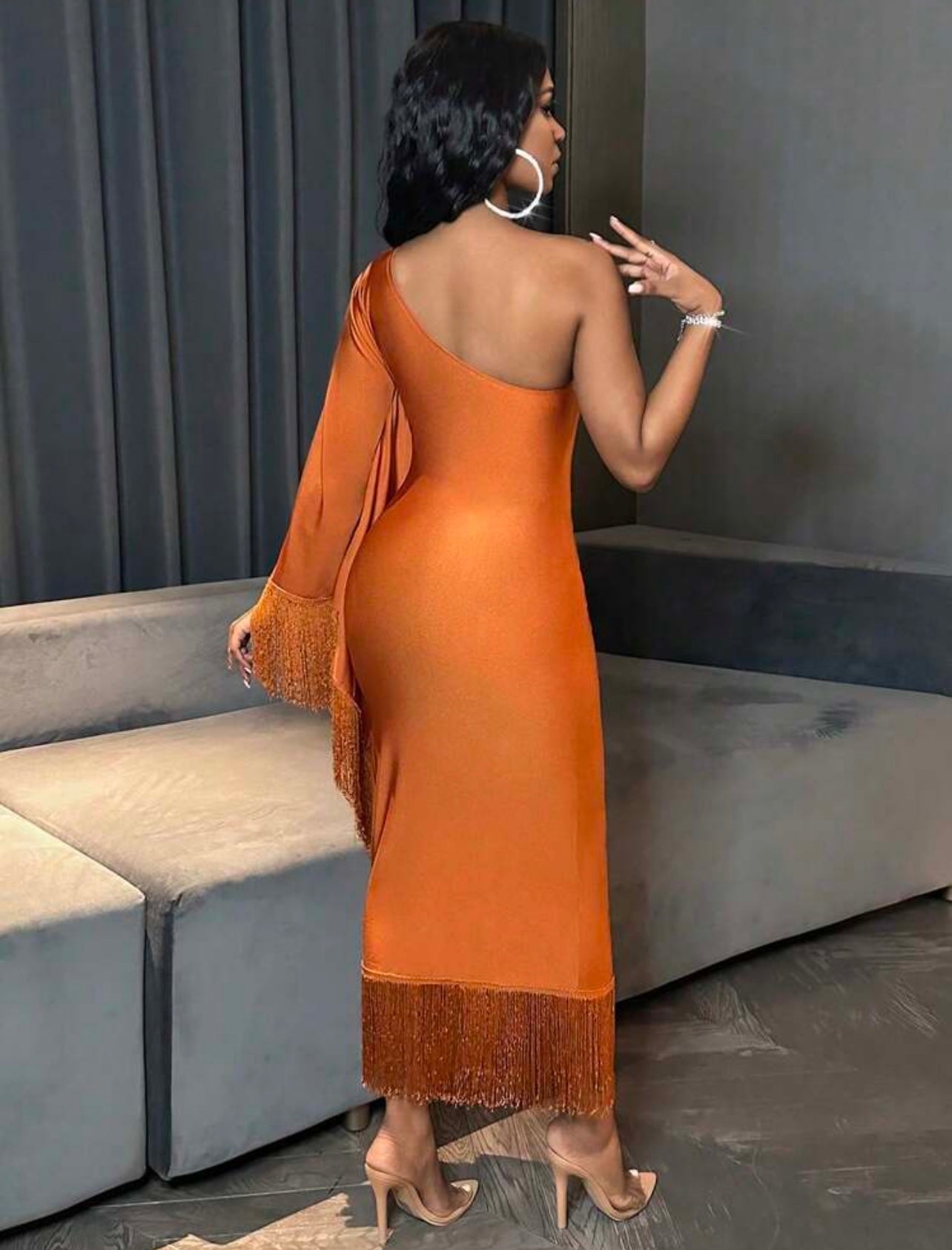 Orange Fringed One shoulder dress 25 abril