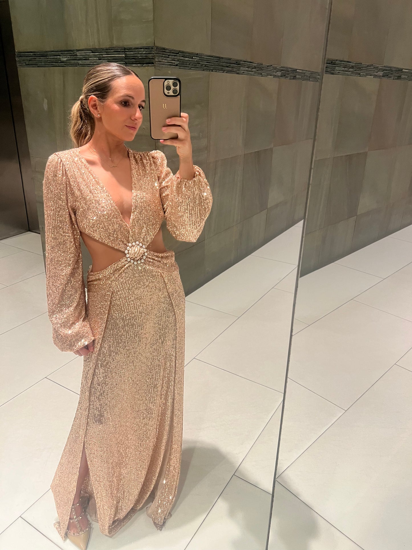 Gold rose sequins cut out puffy dress