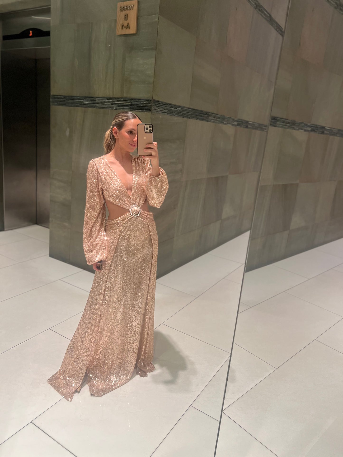 Gold rose sequins cut out puffy dress