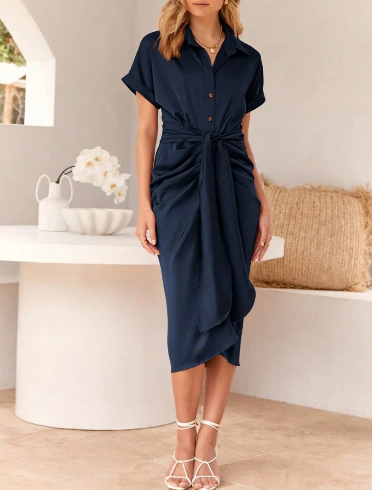 Navy Silky tie in front dress 18 abril