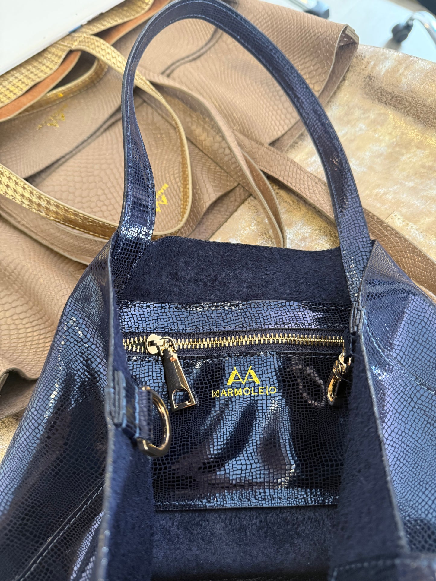 Navy 100% Leather Small tote Bag