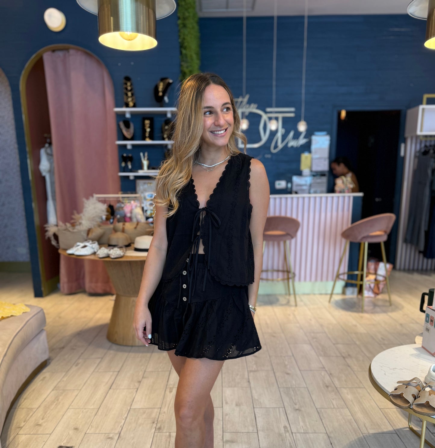 Black eyelet skort & top set