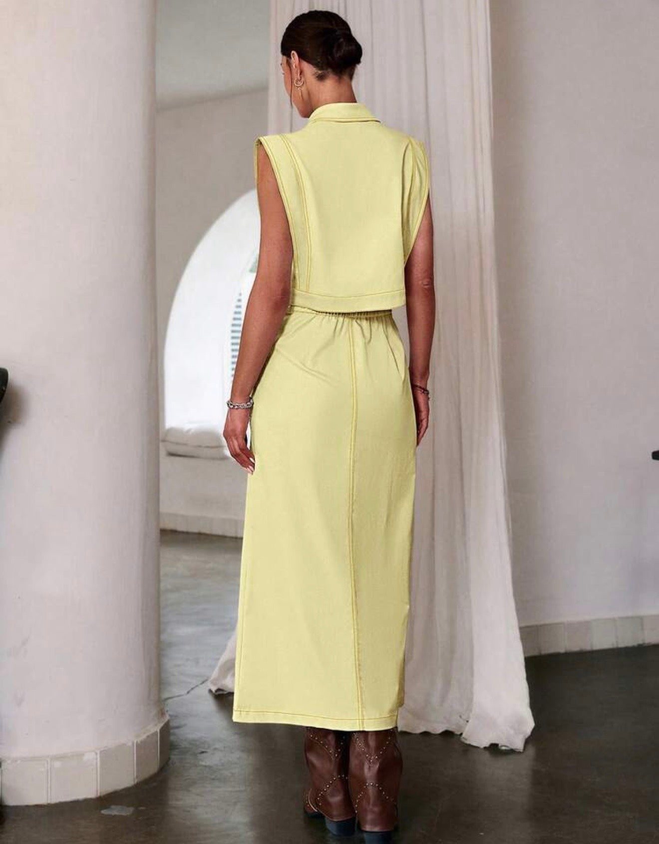 Butter yellow stiched skirt & vest set