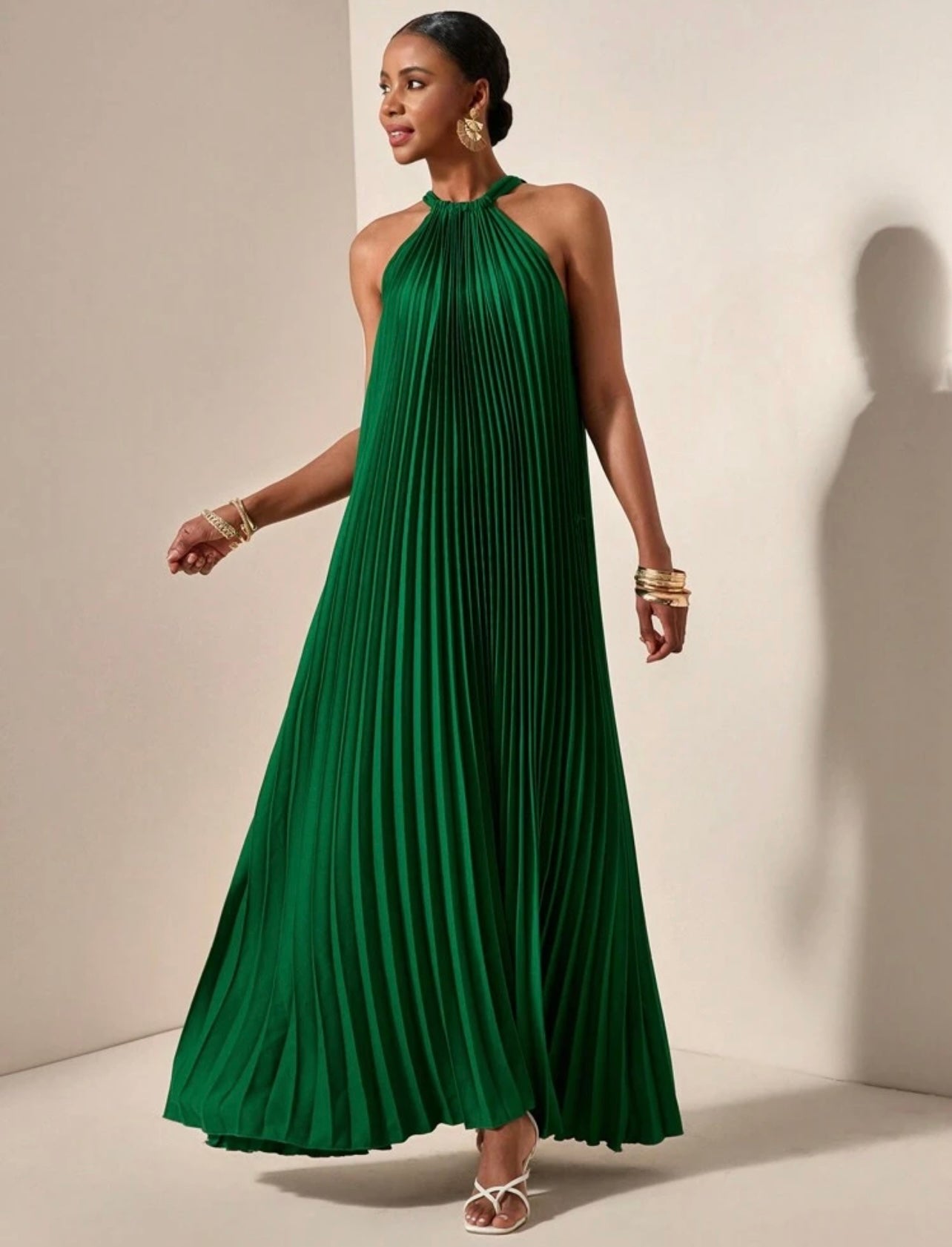 Green pleated halter dress
