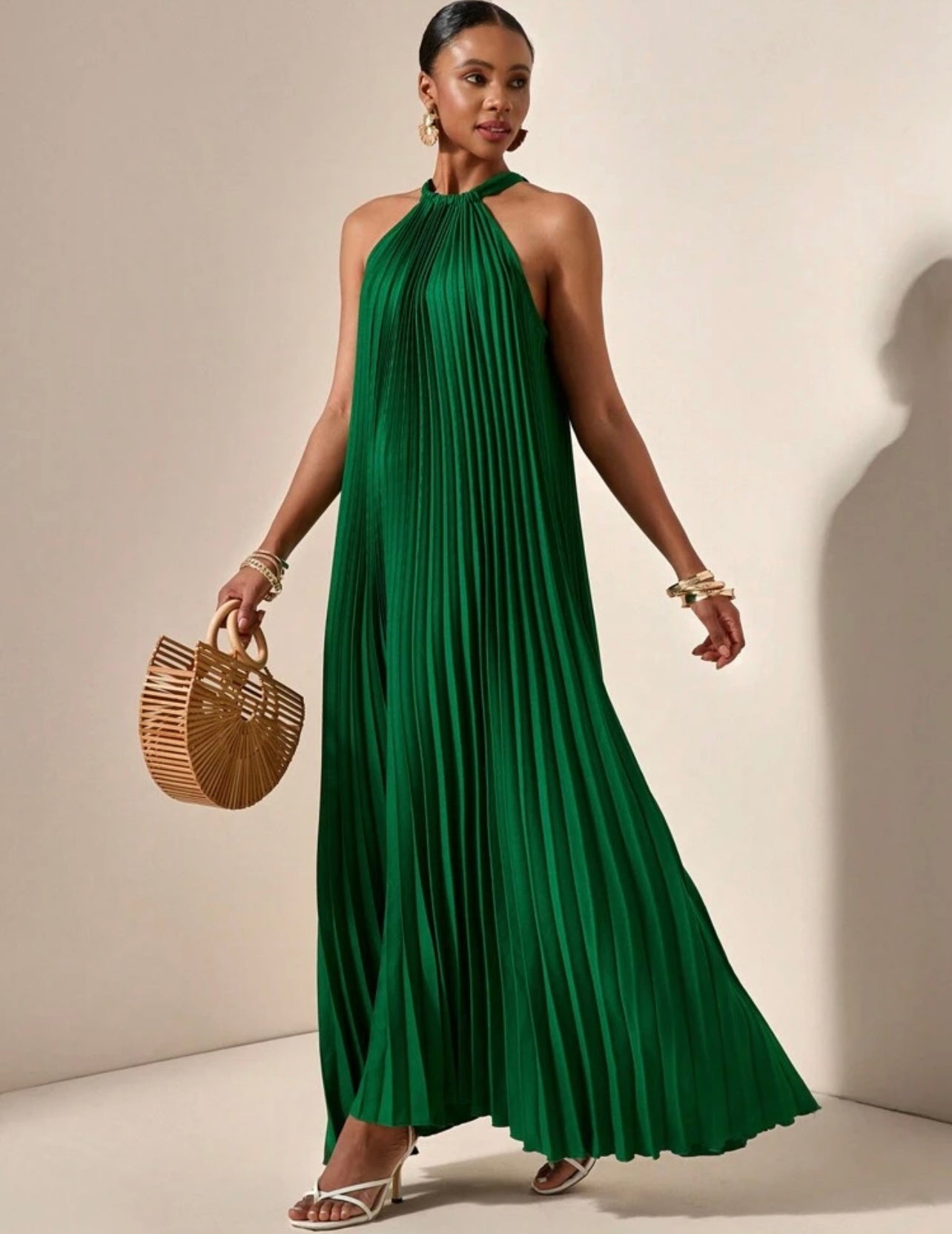 Green pleated halter dress