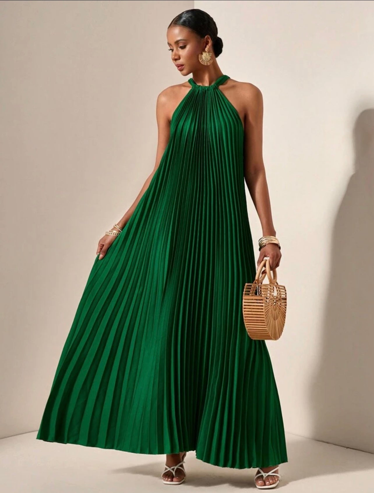 Green pleated halter dress