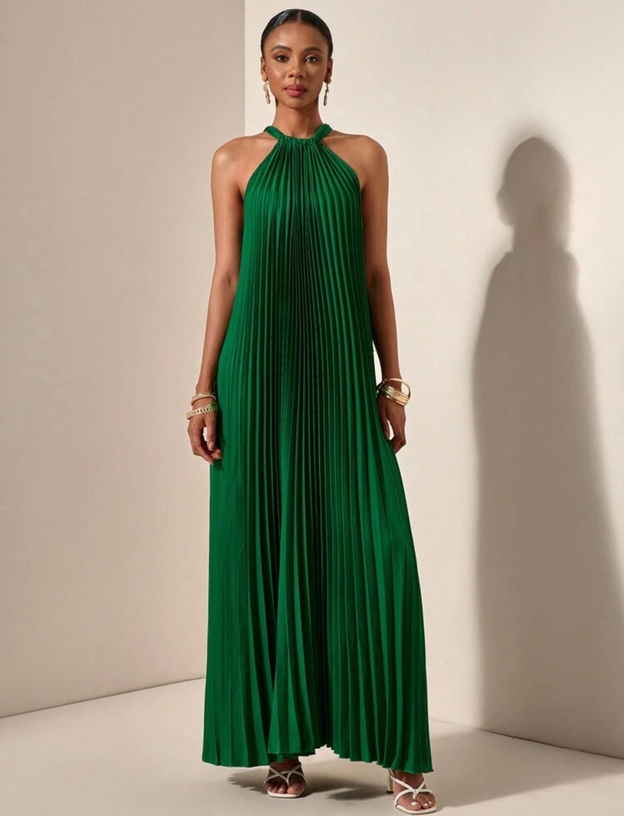 Green pleated halter dress
