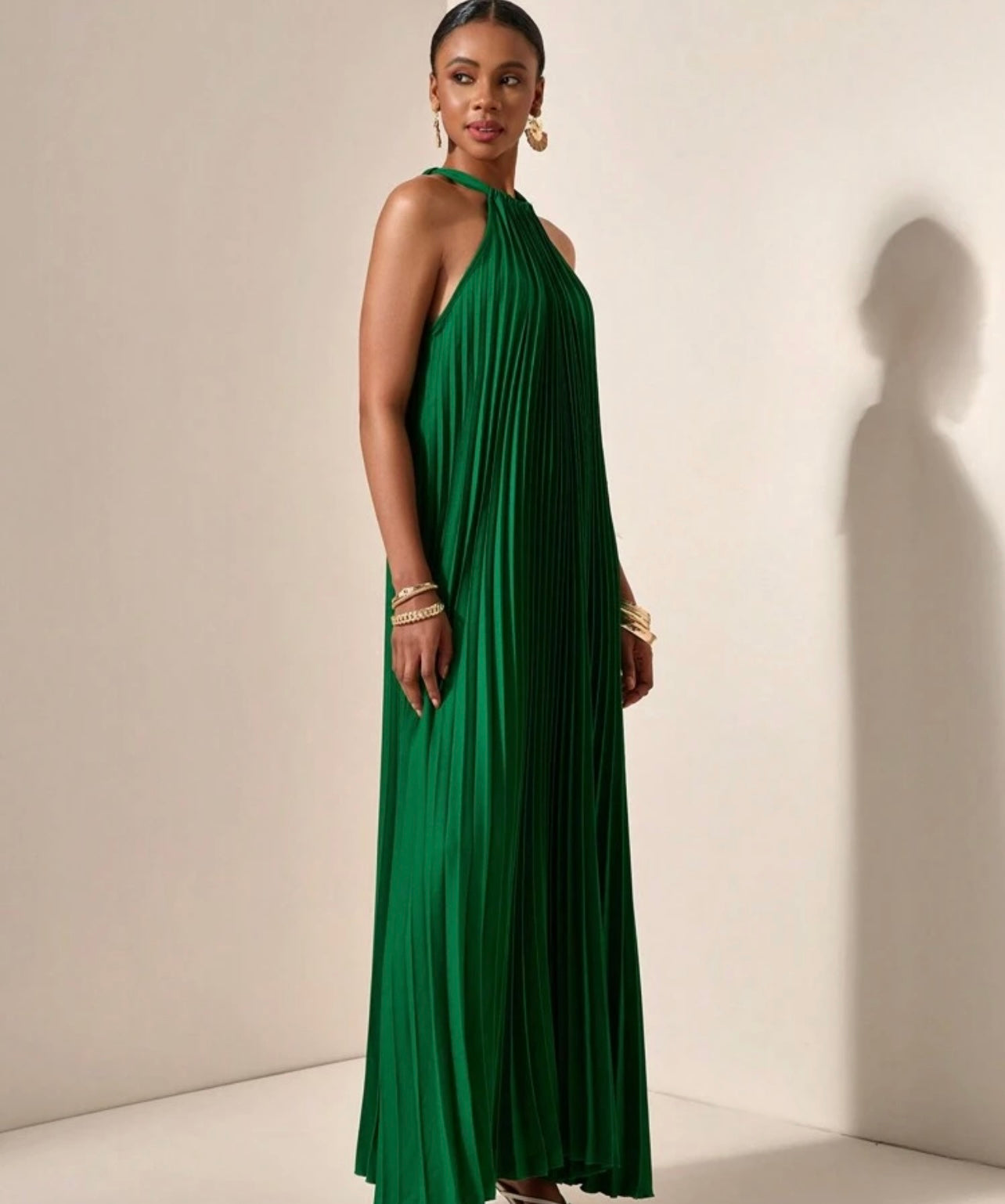 Green pleated halter dress