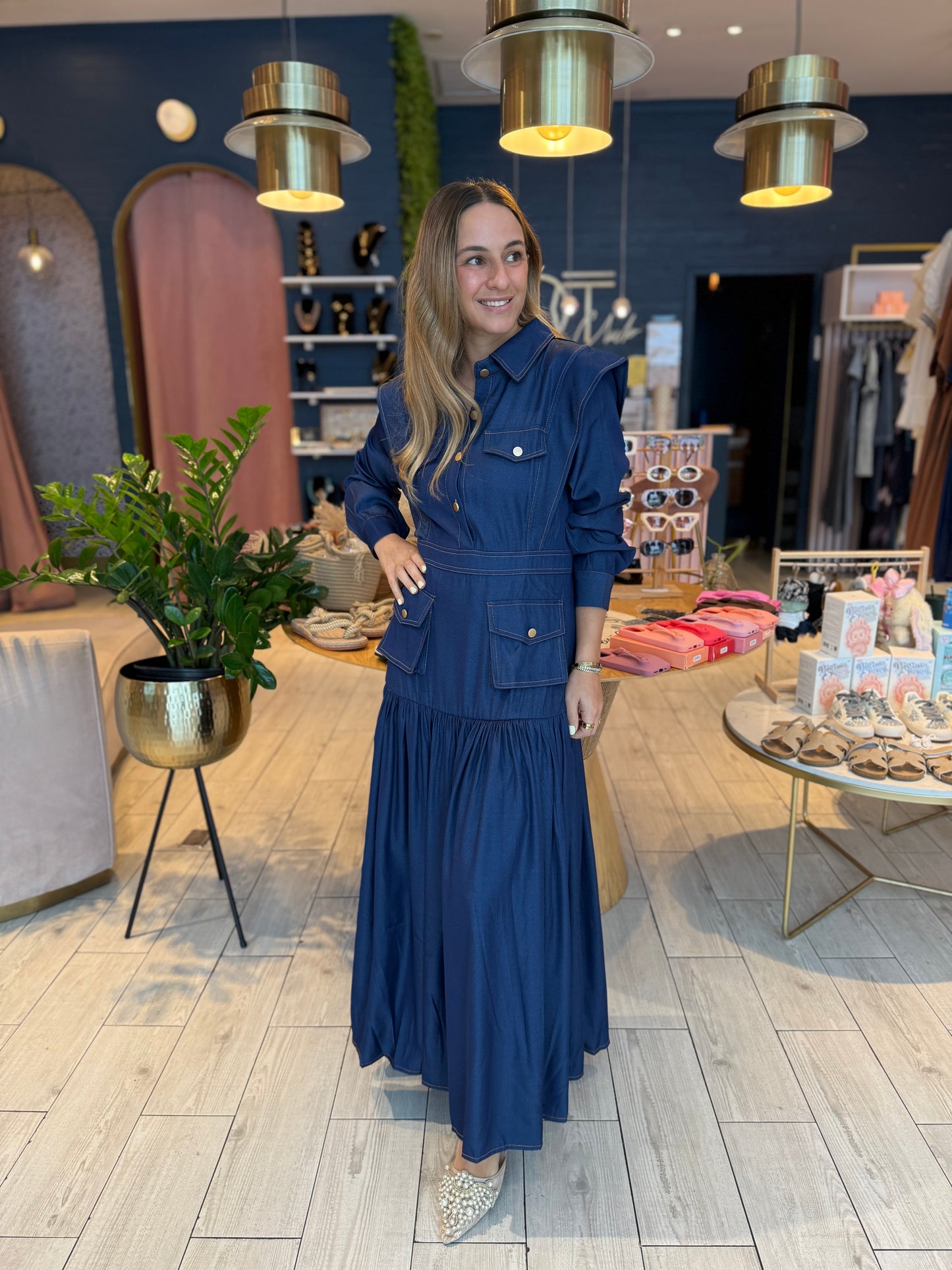 Denim stiched long sleeve dress