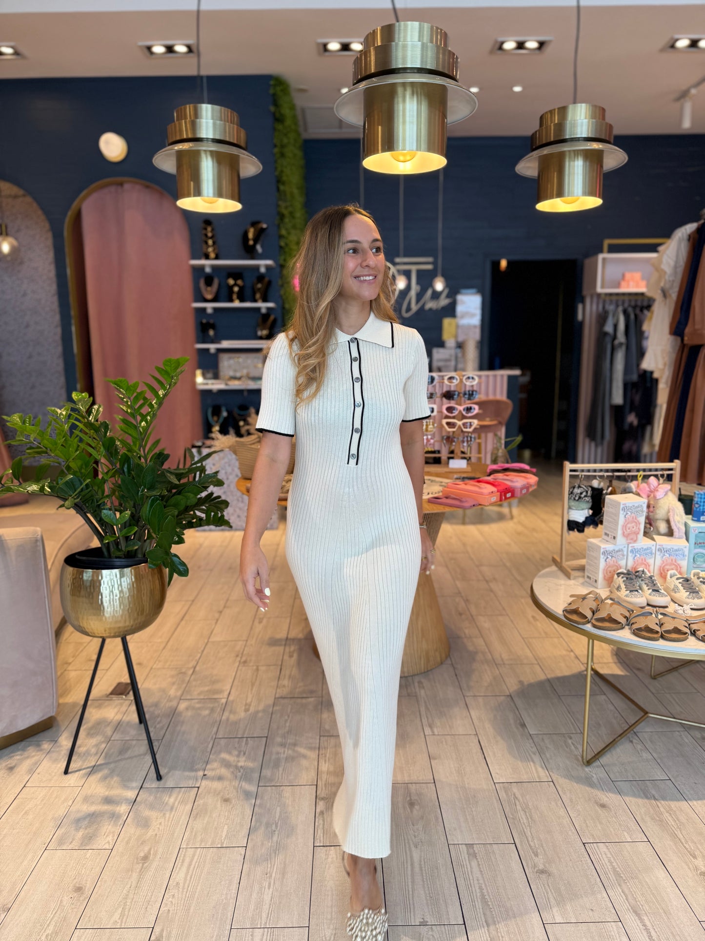 Cream & black ribbed dress