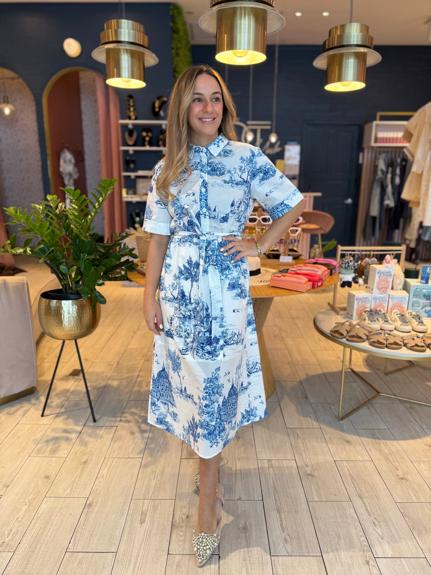 Blue toile print midi Dress