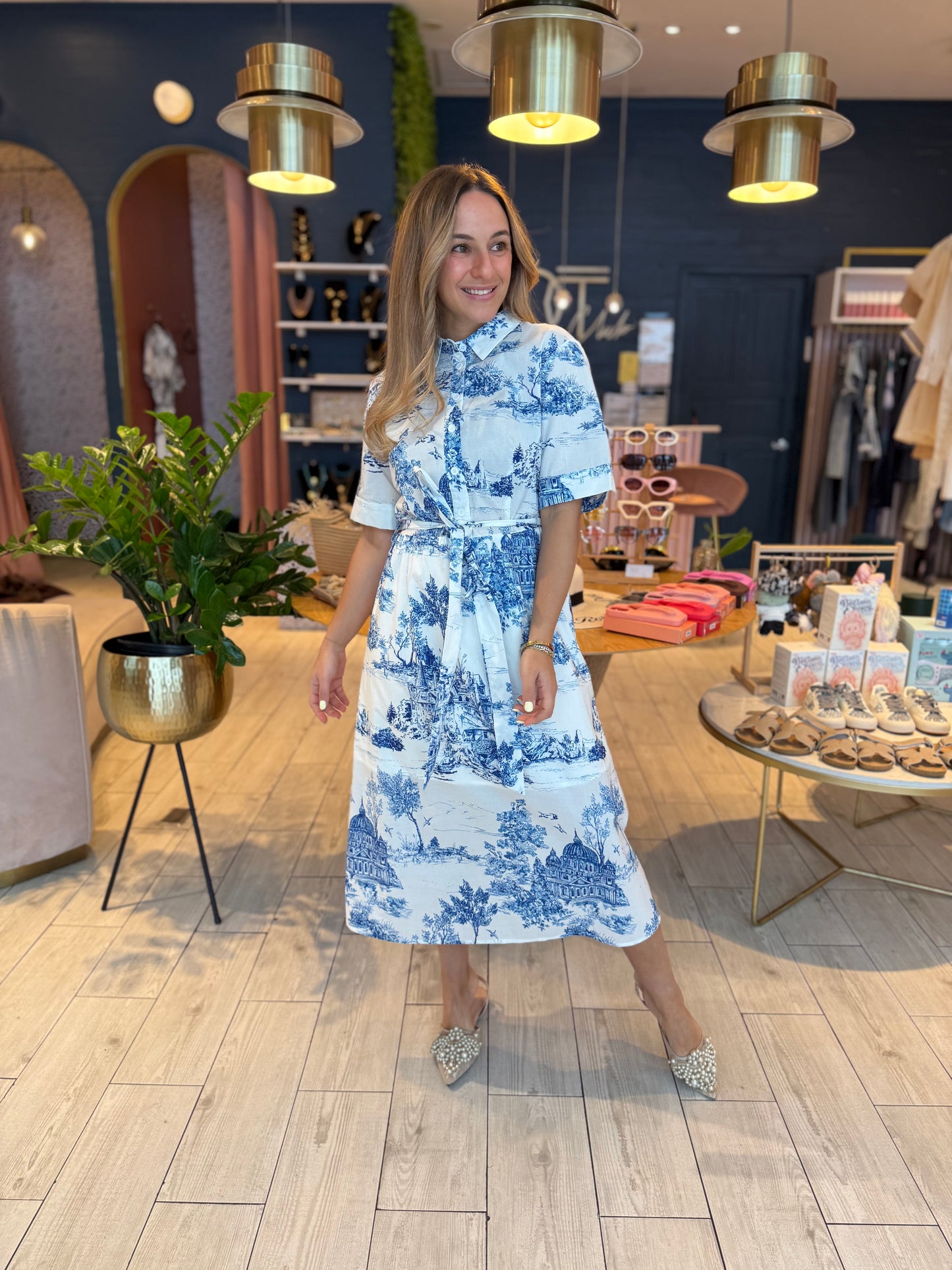 Blue toile print midi Dress