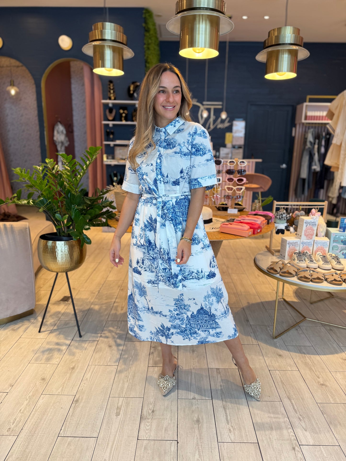 Blue toile print midi Dress