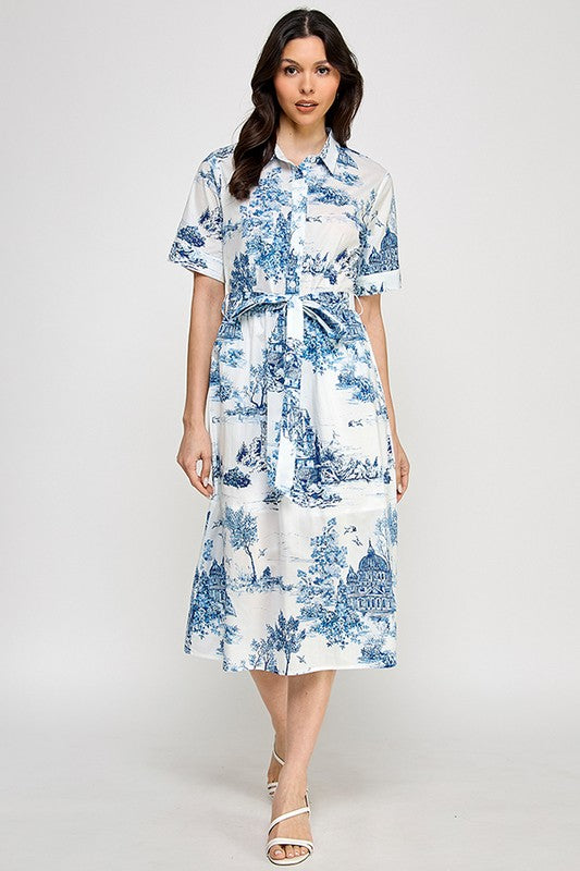 Blue toile print midi Dress