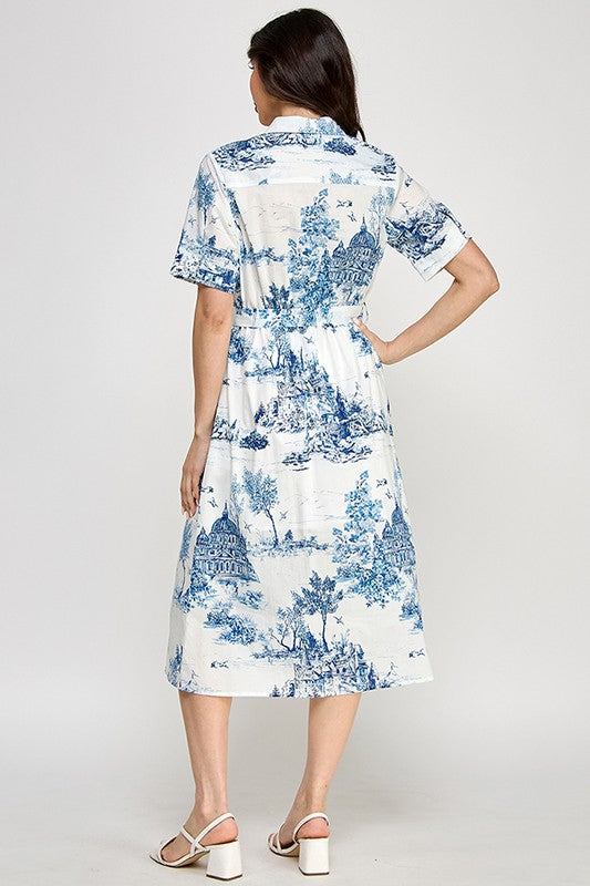 Blue toile print midi Dress