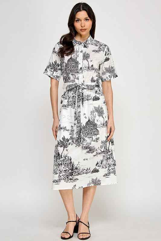 Black toile printed midi dress
