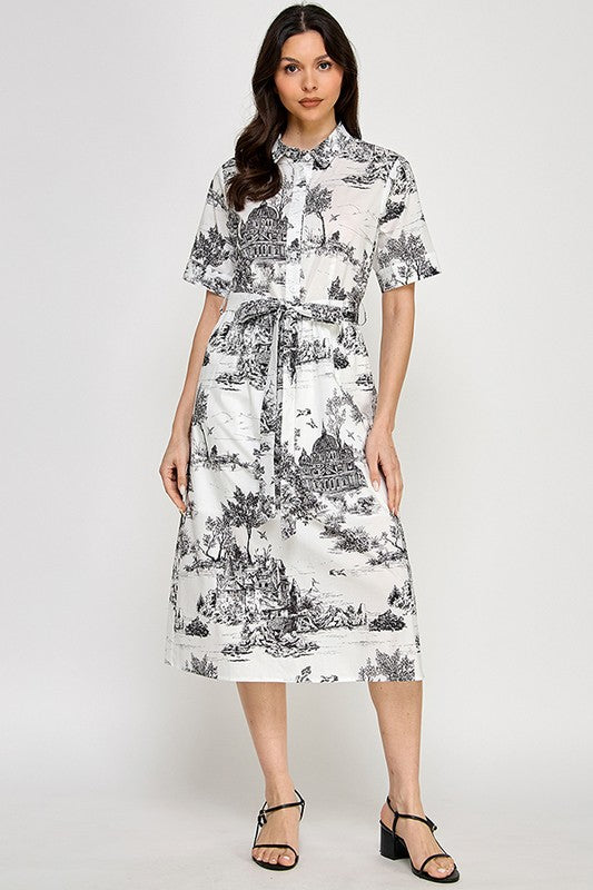 Black toile printed midi dress