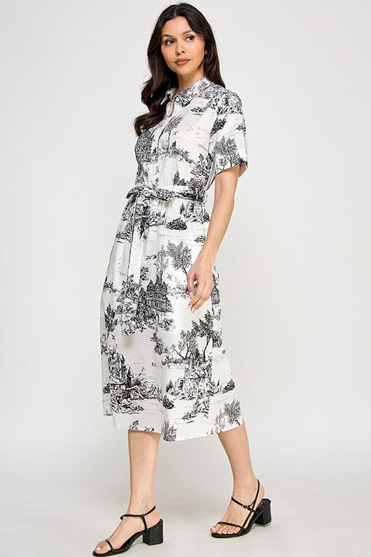 Black toile printed midi dress
