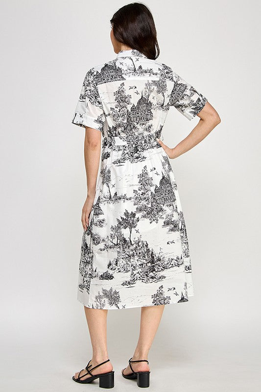 Black toile printed midi dress