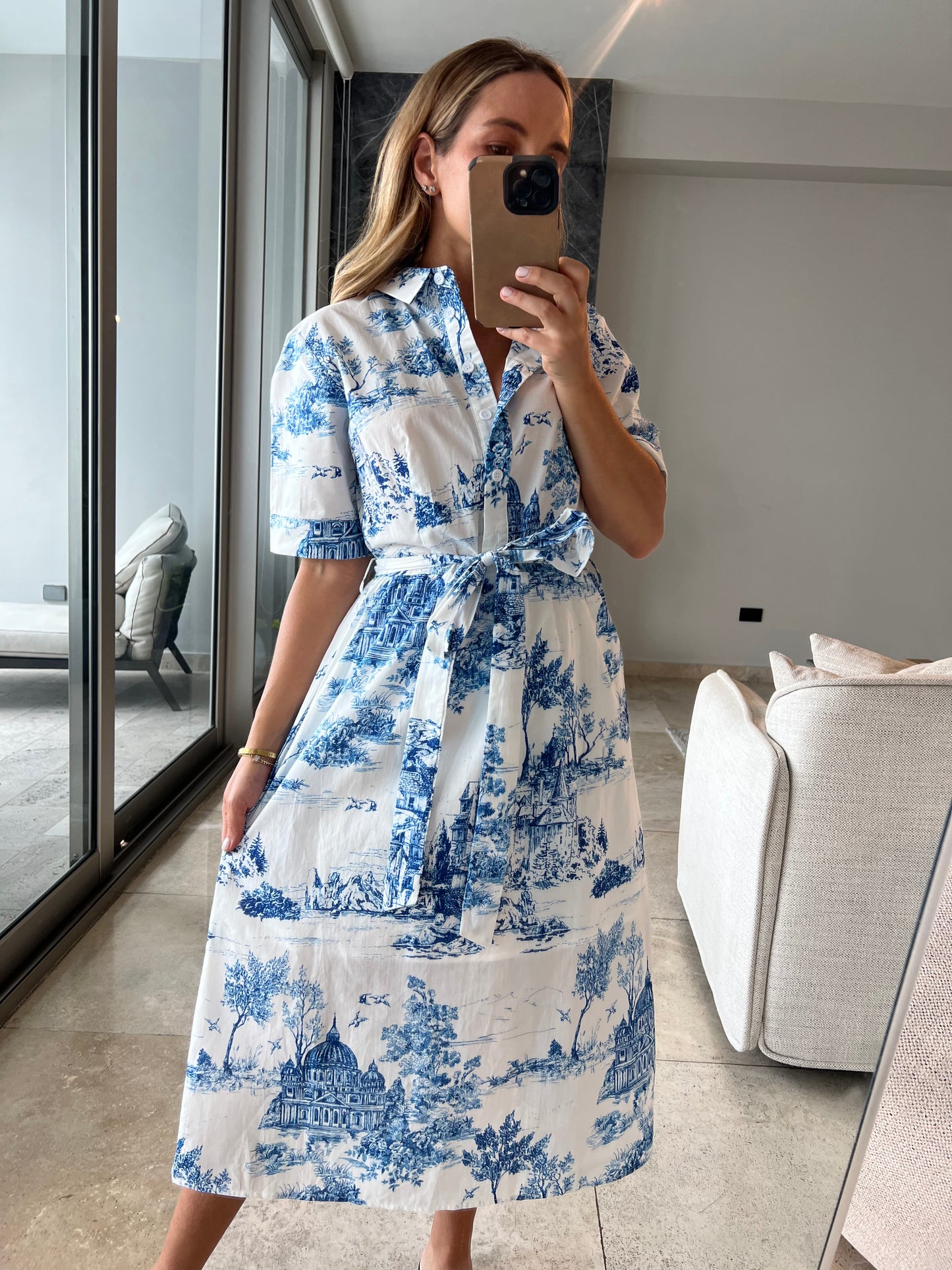Blue toile print midi Dress