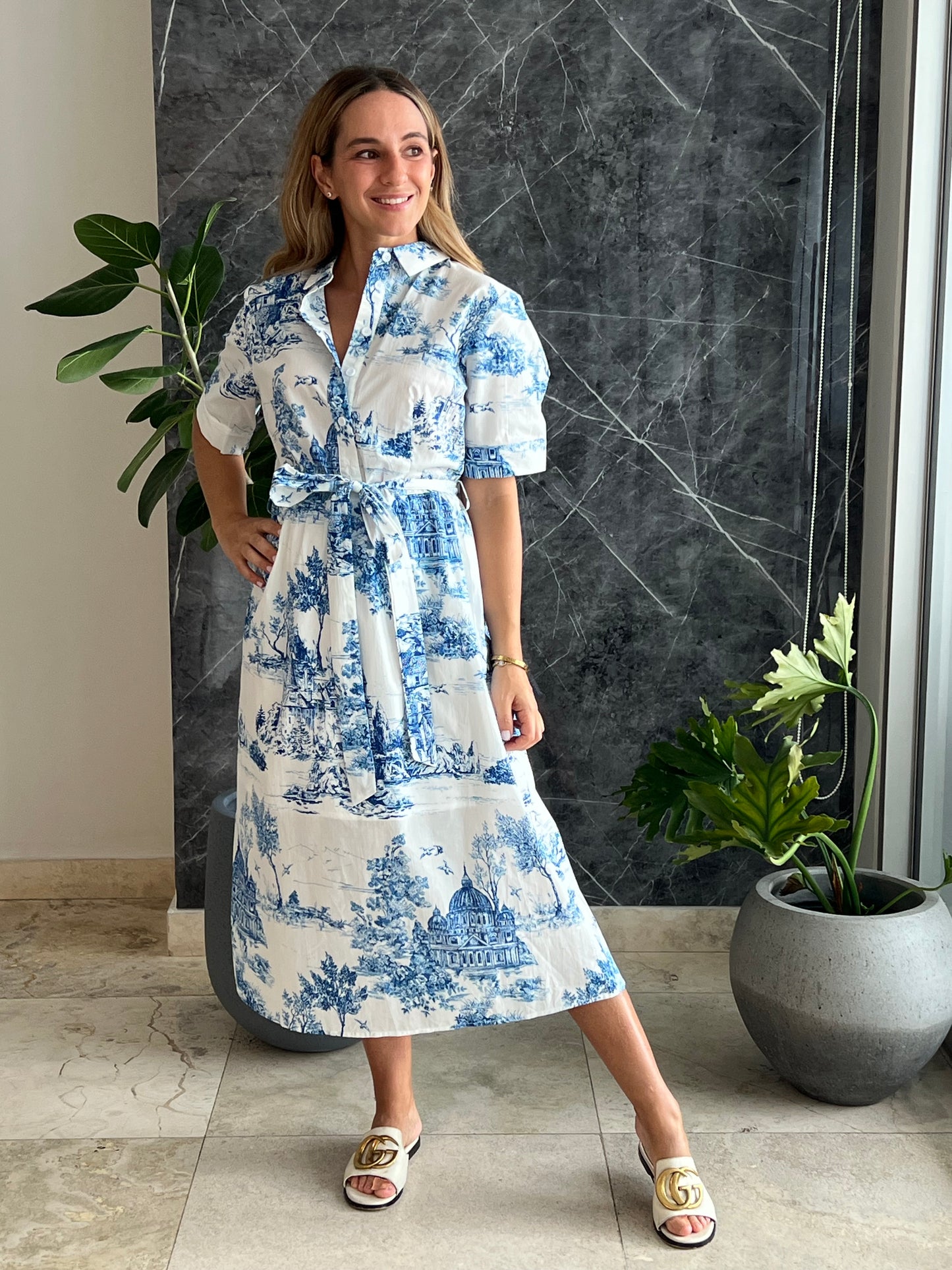Blue toile print midi Dress