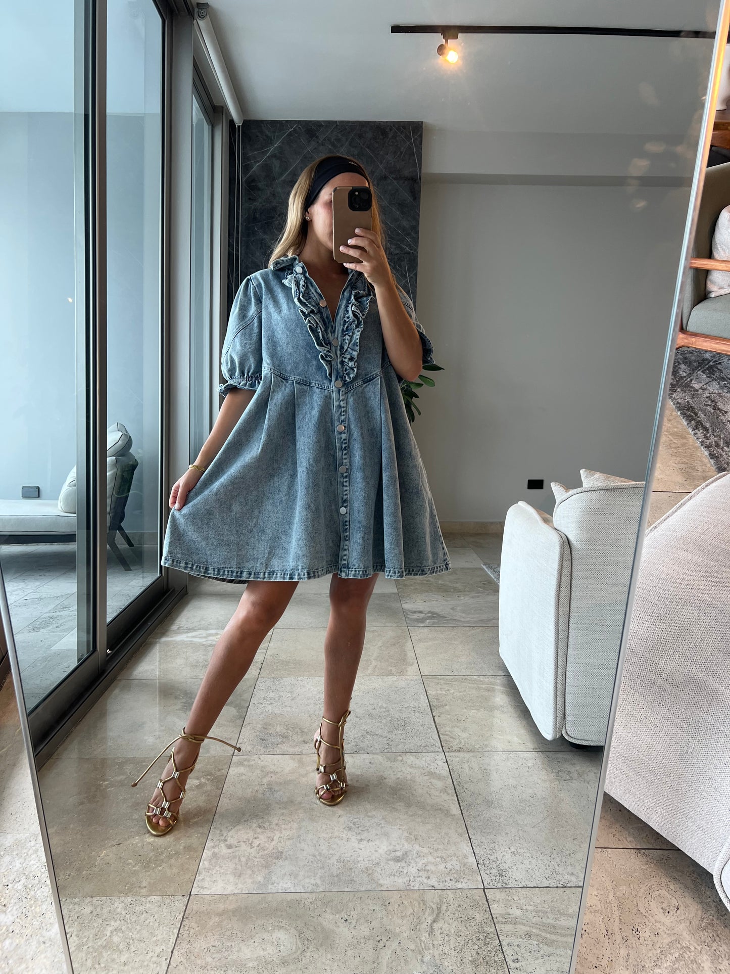 Ema puffy sleeve denim dress
