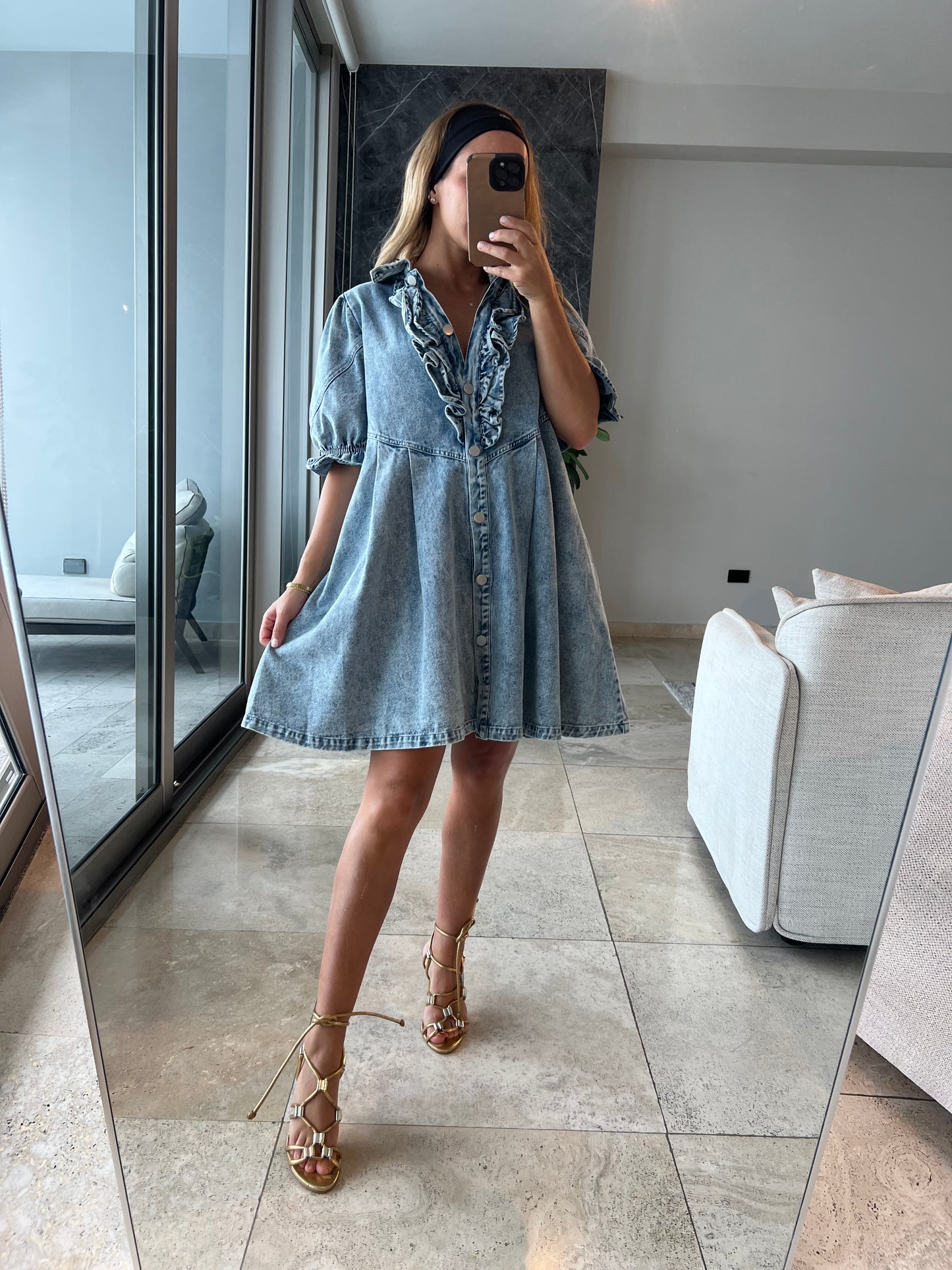 Ema puffy sleeve denim dress