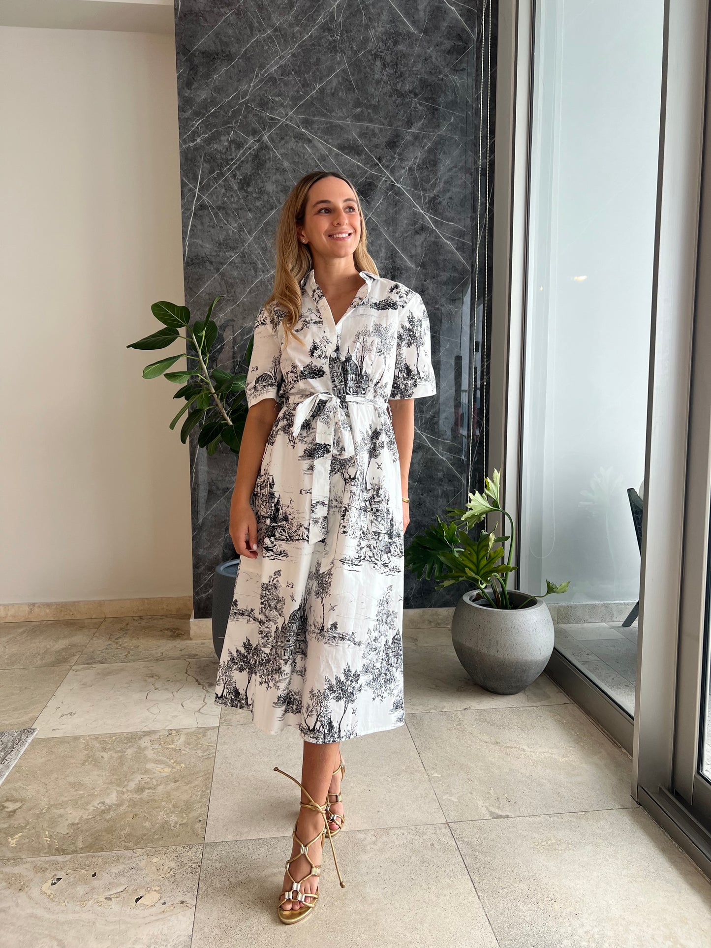 Black toile printed midi dress