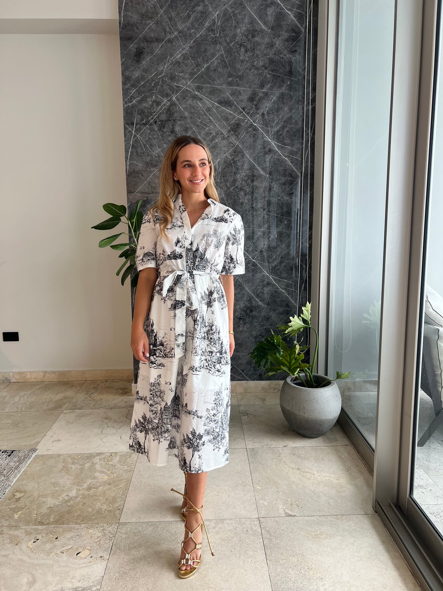 Black toile printed midi dress