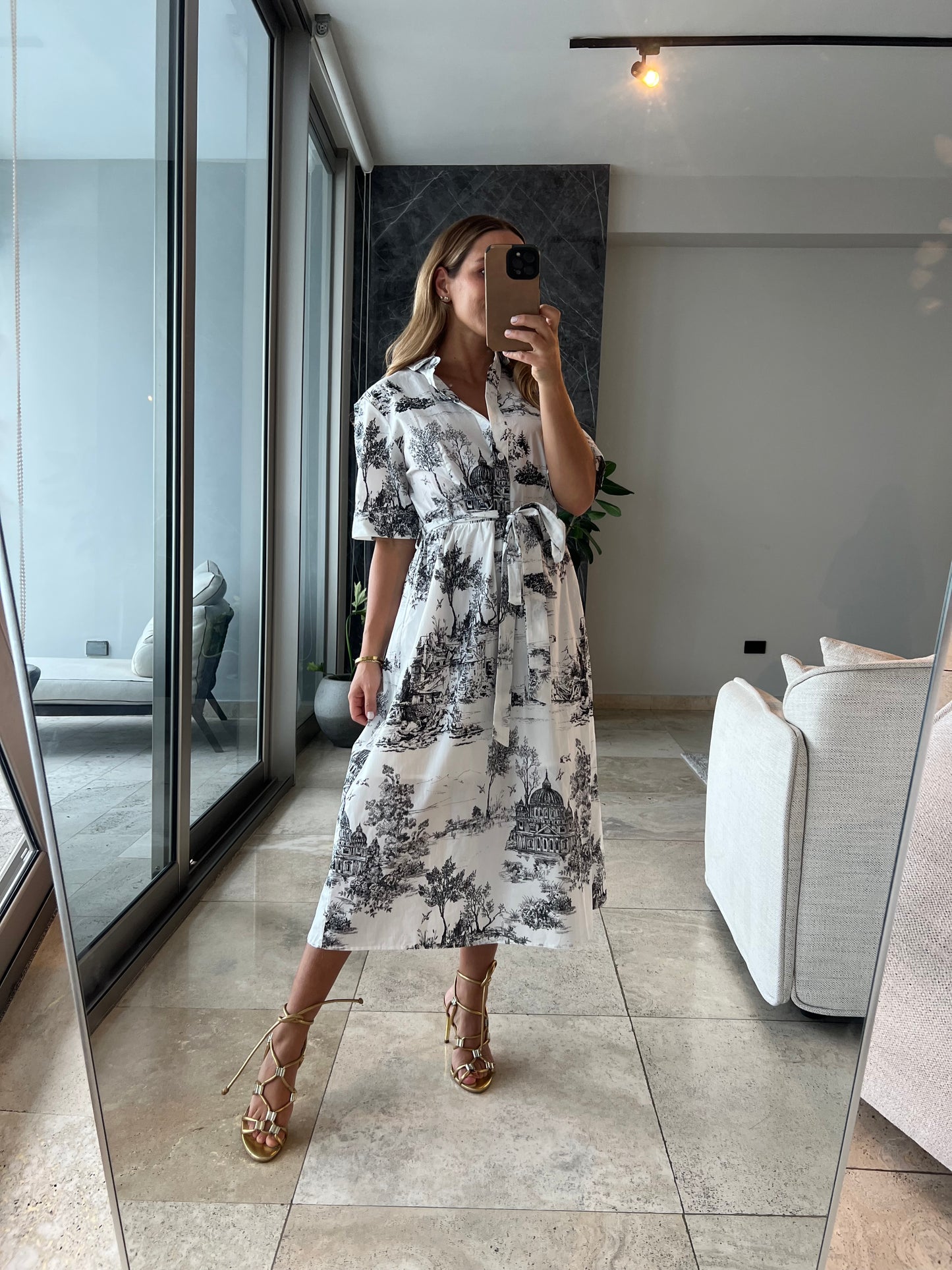 Black toile printed midi dress