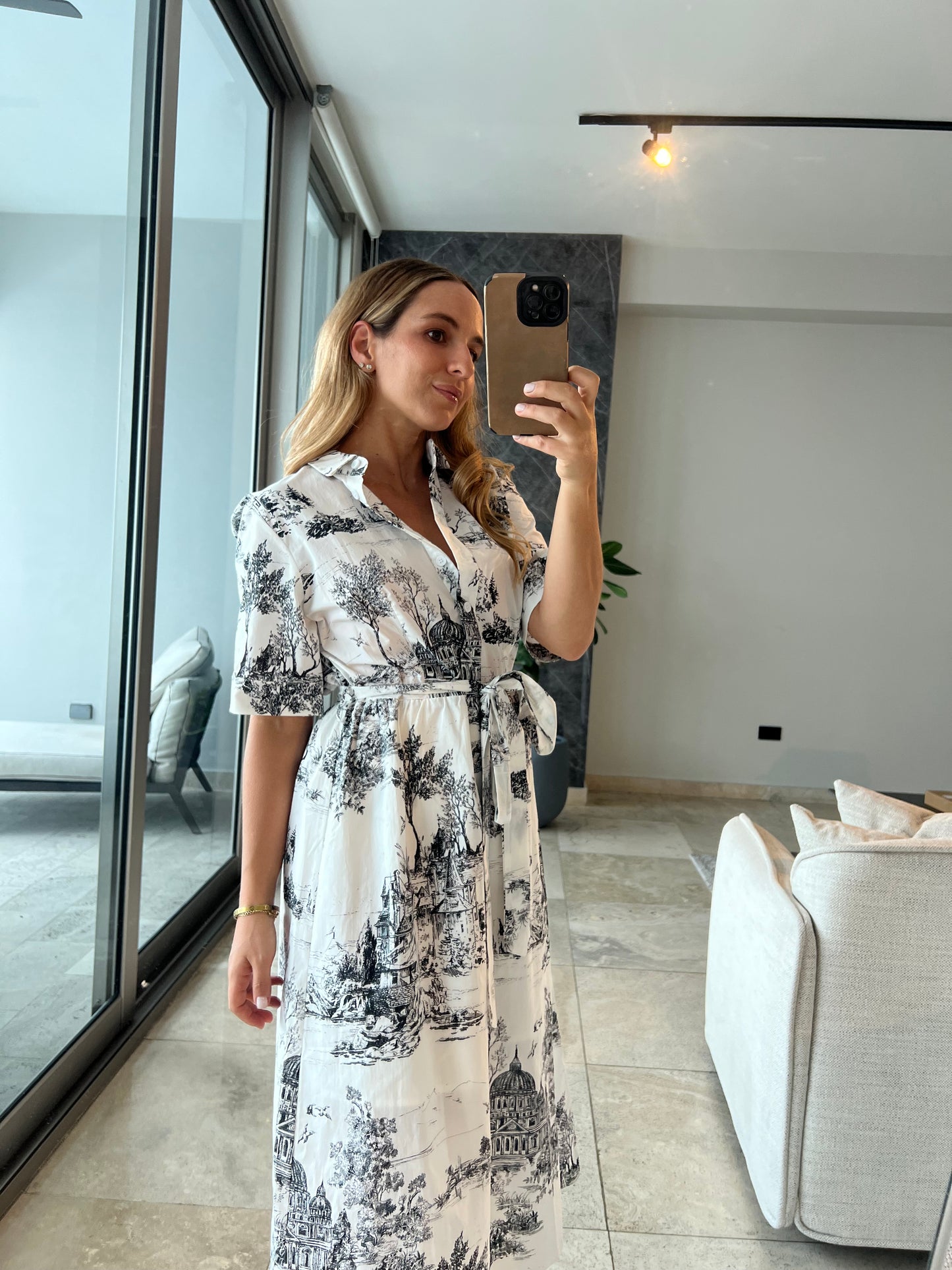 Black toile printed midi dress