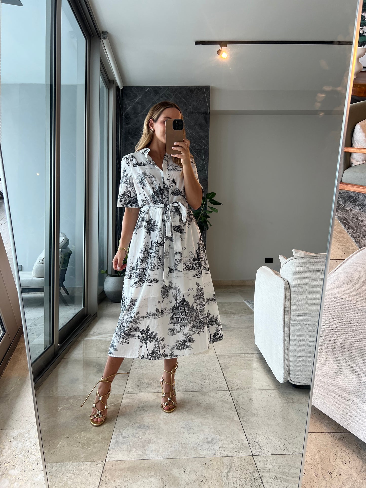 Black toile printed midi dress