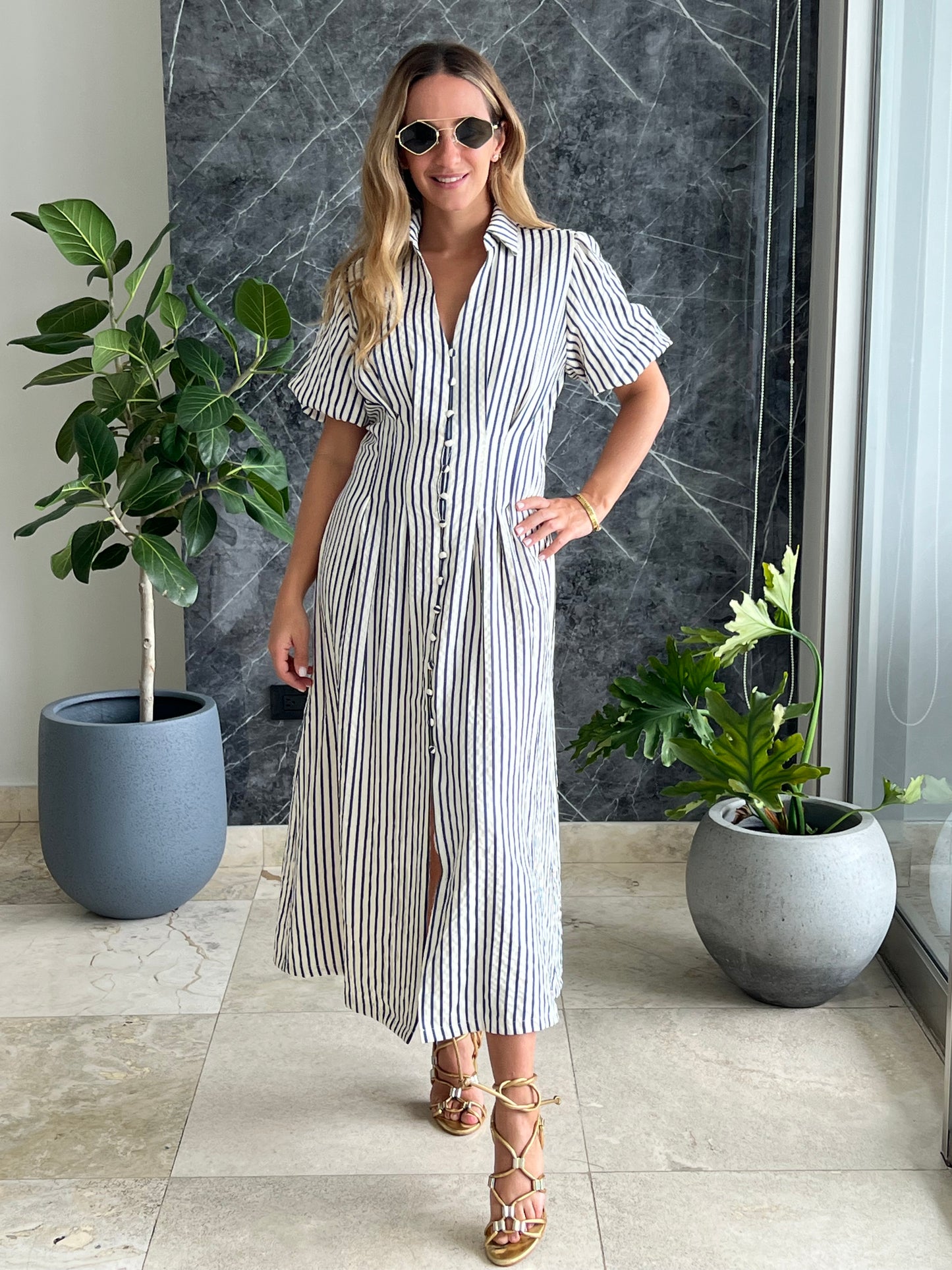 Puffy striped black midi Dress