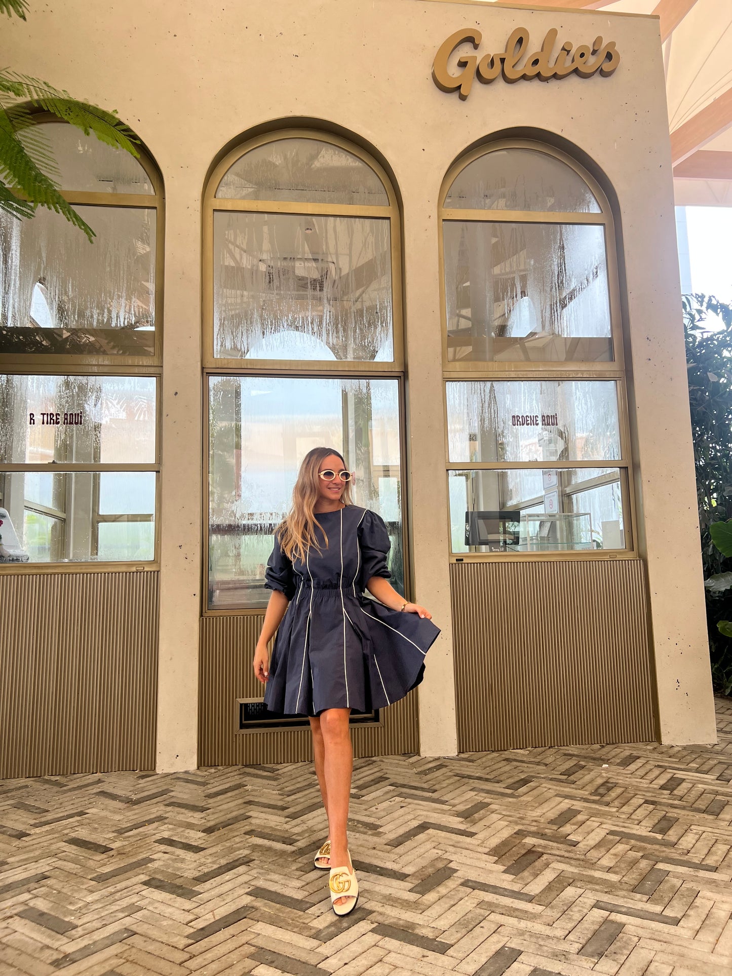 Navy smocked & puffy dress 69.99