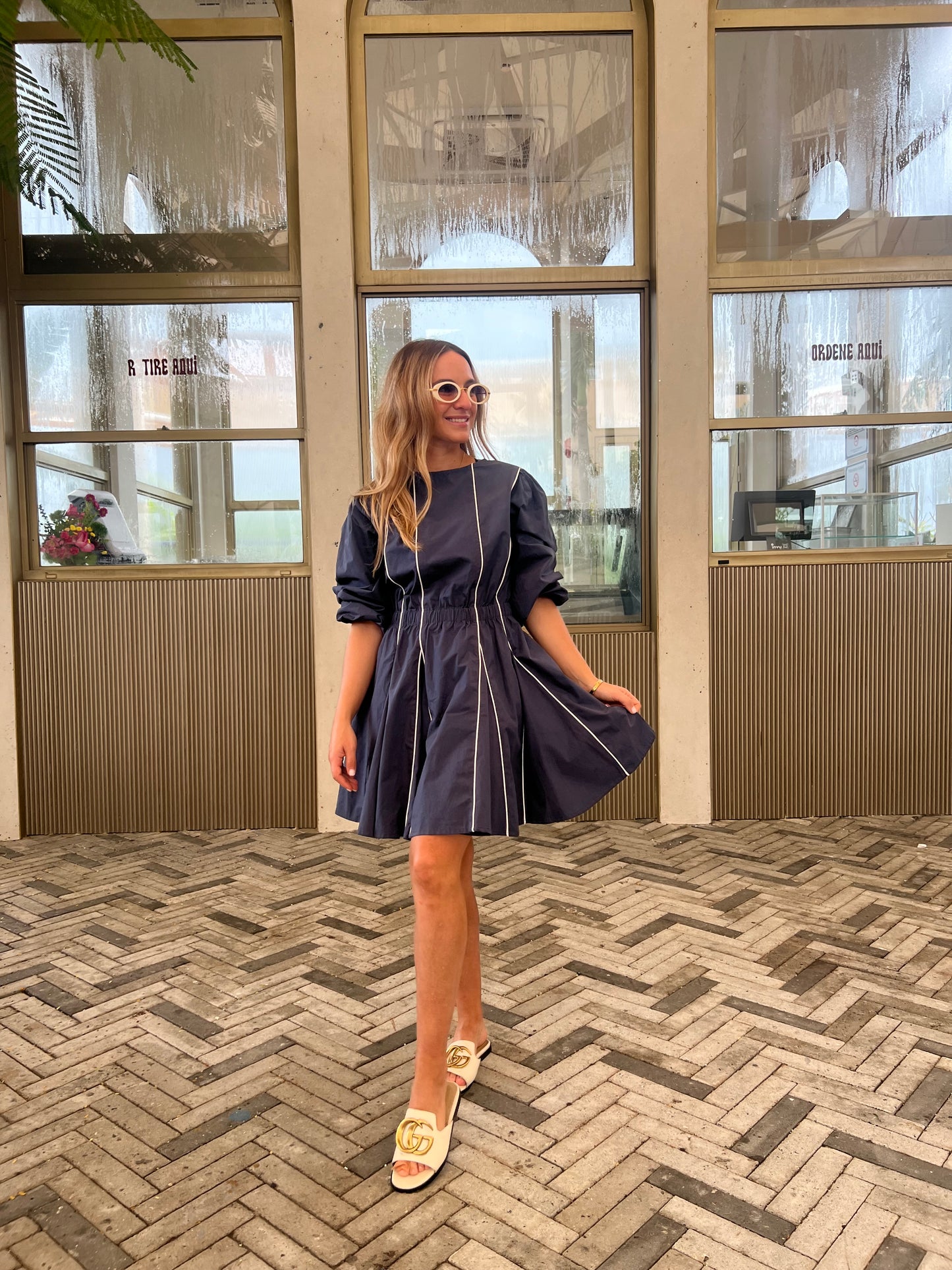 Navy smocked & puffy dress 69.99