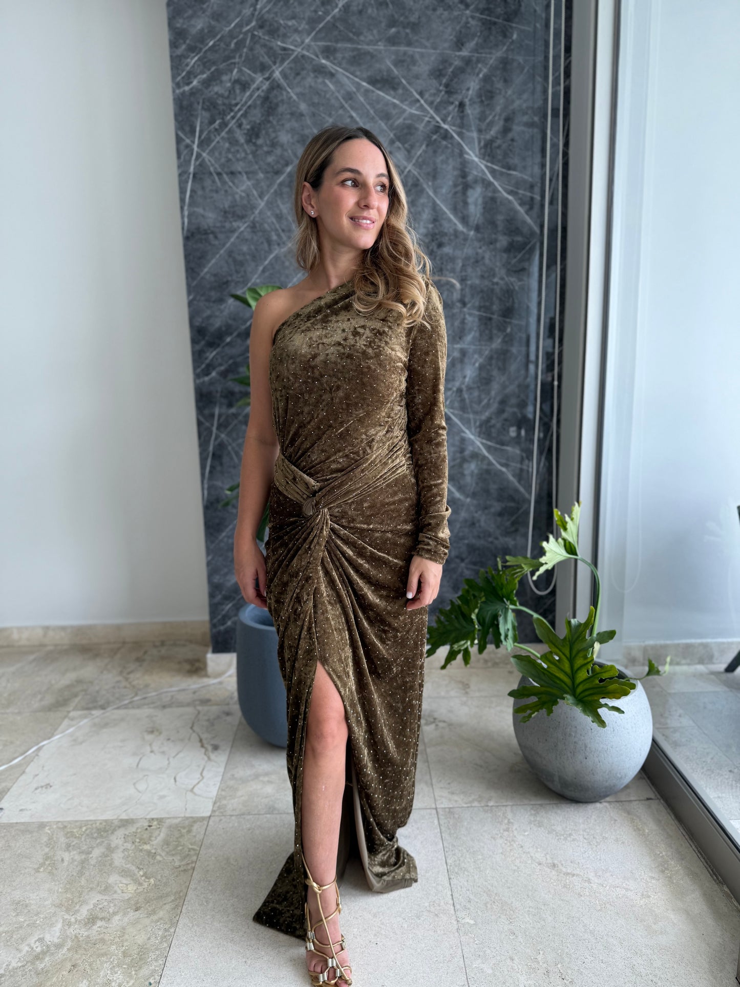 Olive velvet One shoulder Dress