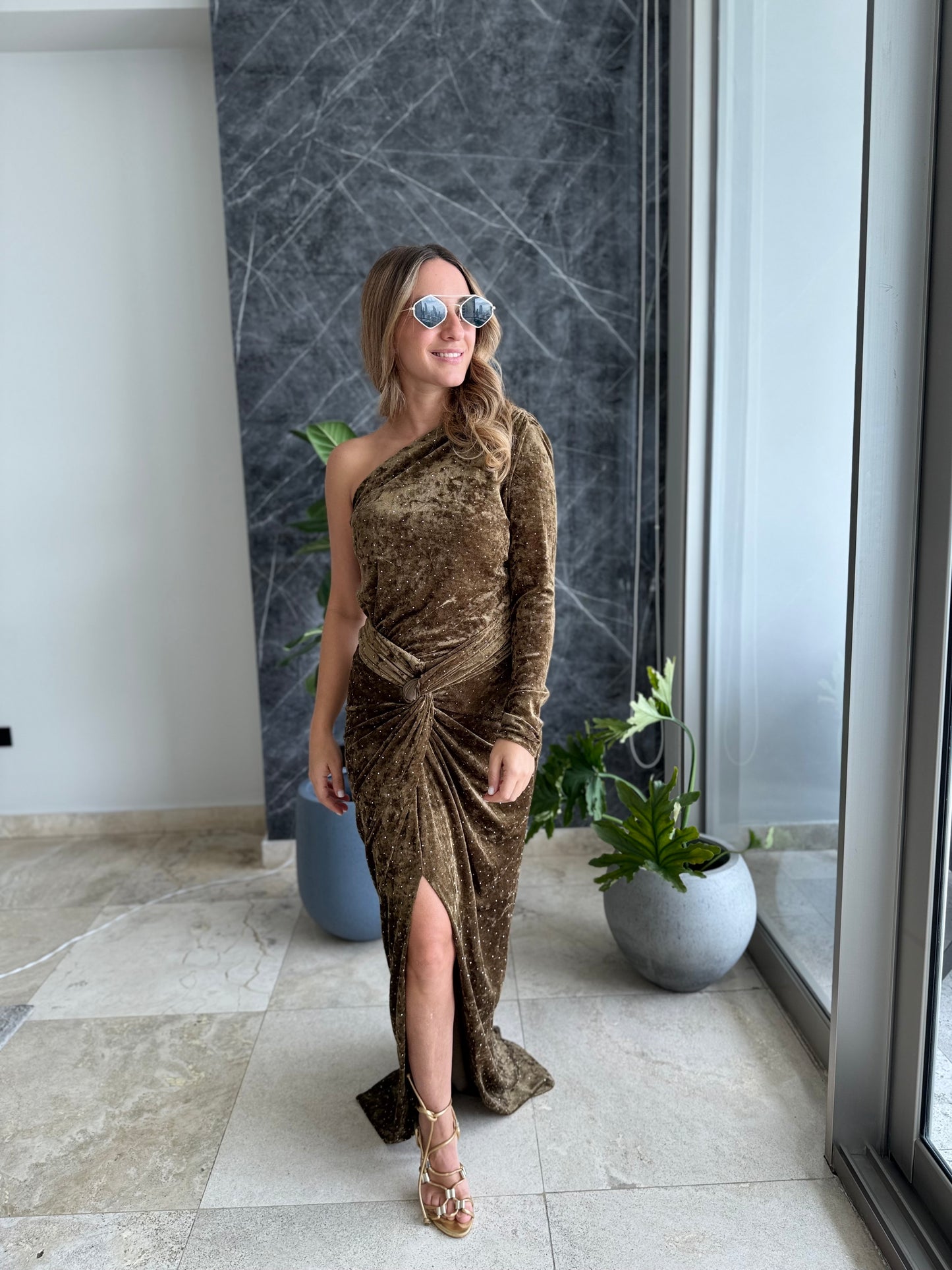 Olive velvet One shoulder Dress