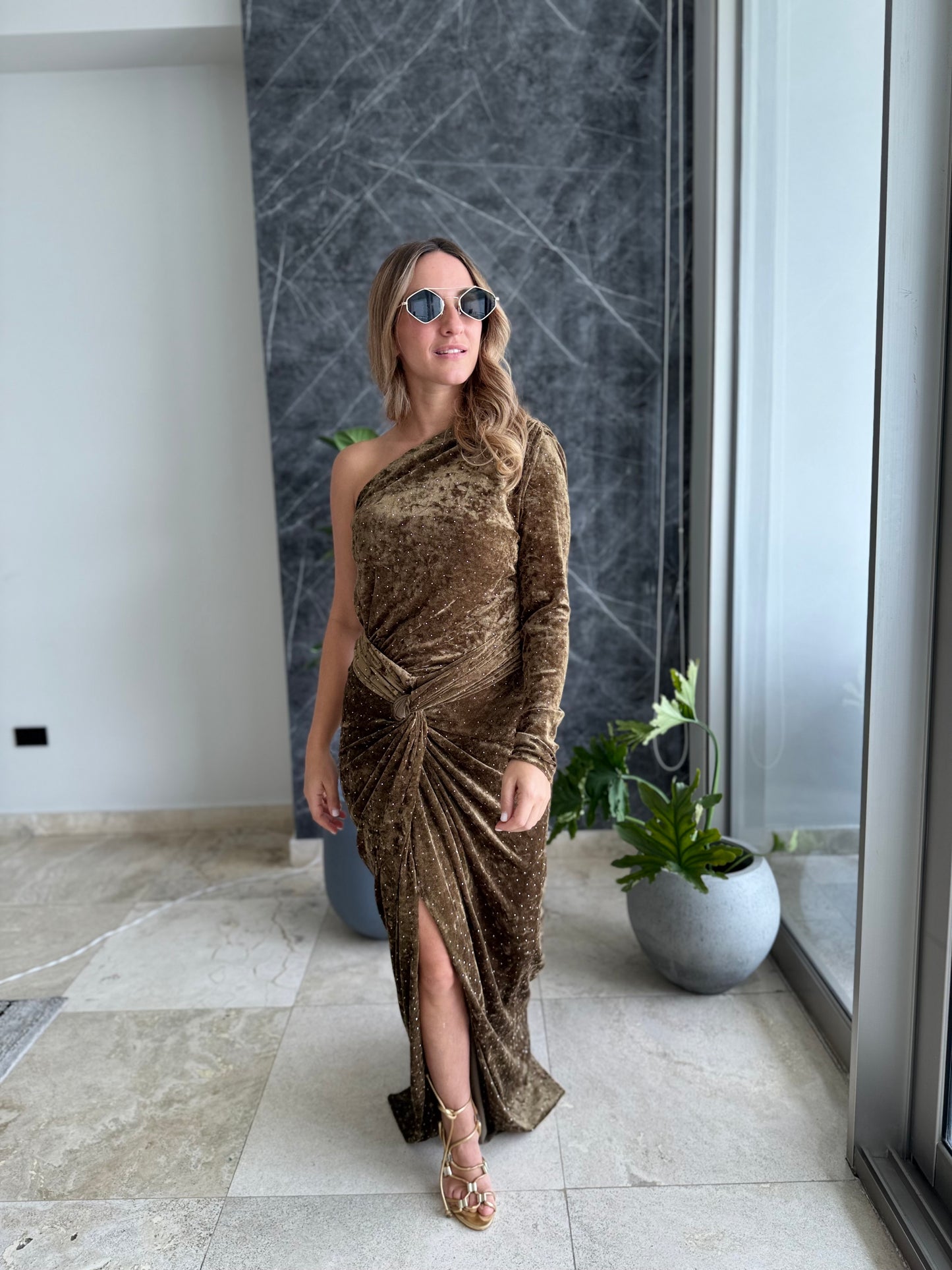 Olive velvet One shoulder Dress