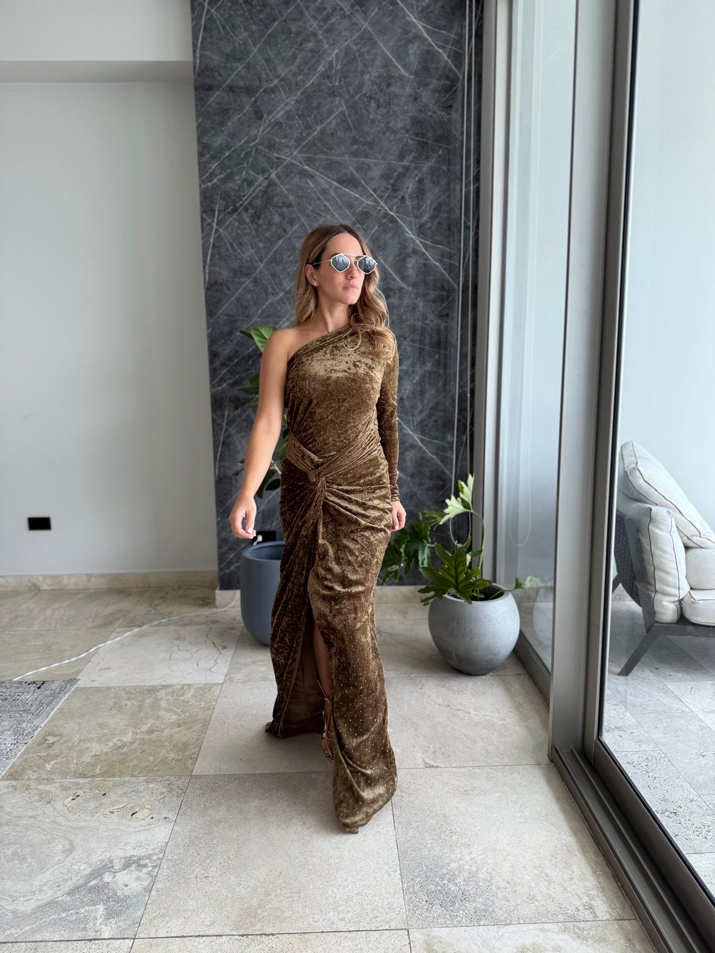 Olive velvet One shoulder Dress