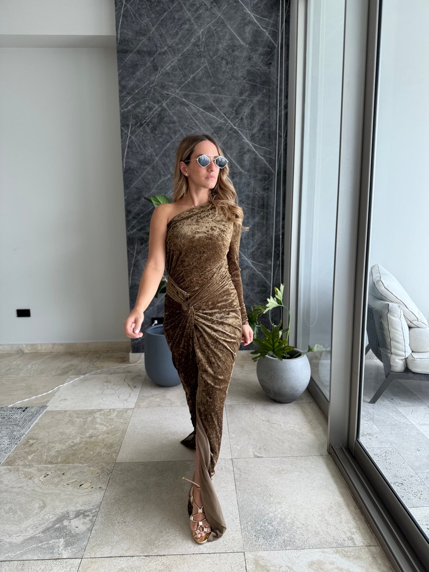 Olive velvet One shoulder Dress