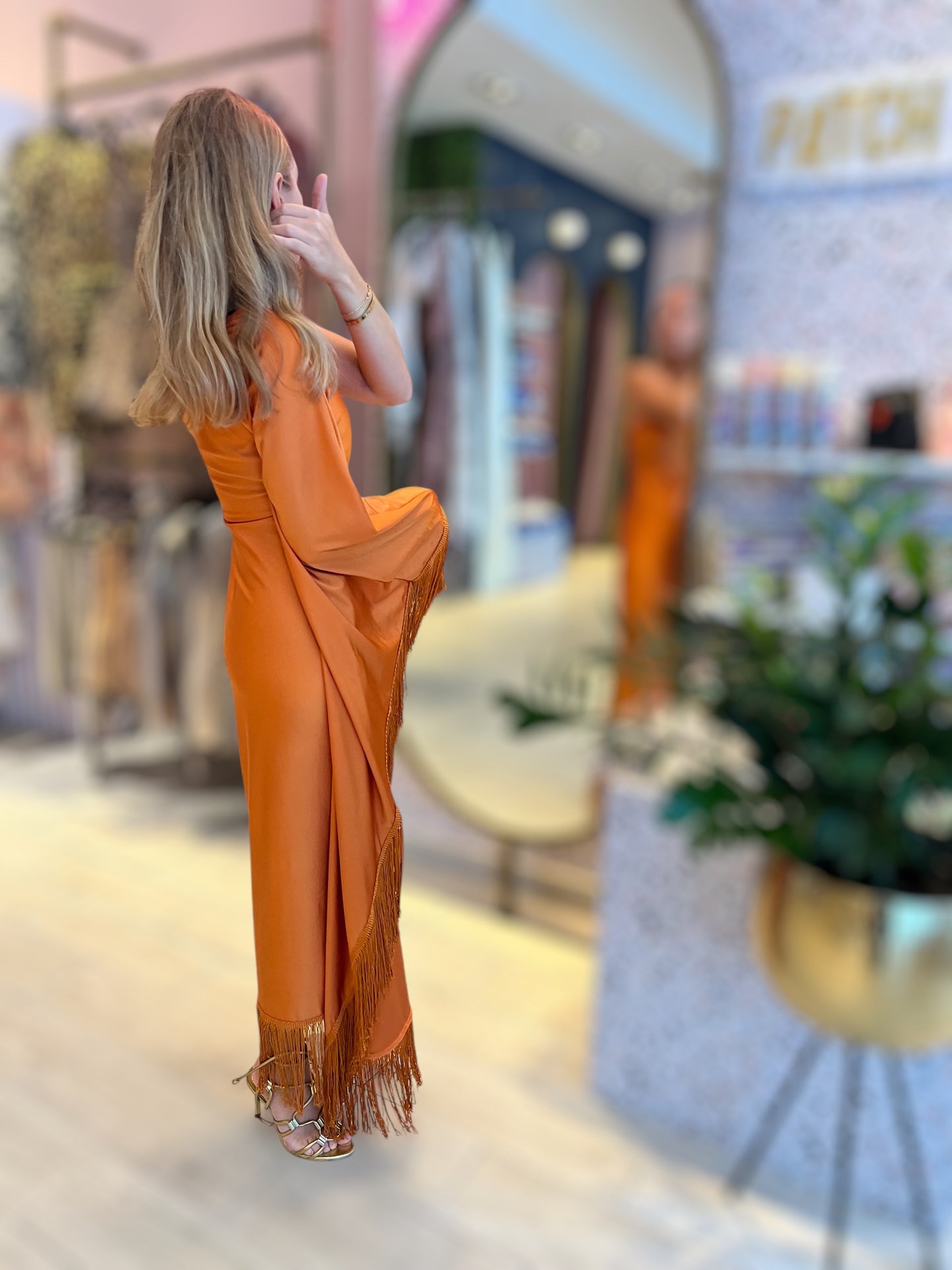 Orange Fringed One shoulder dress 25 abril