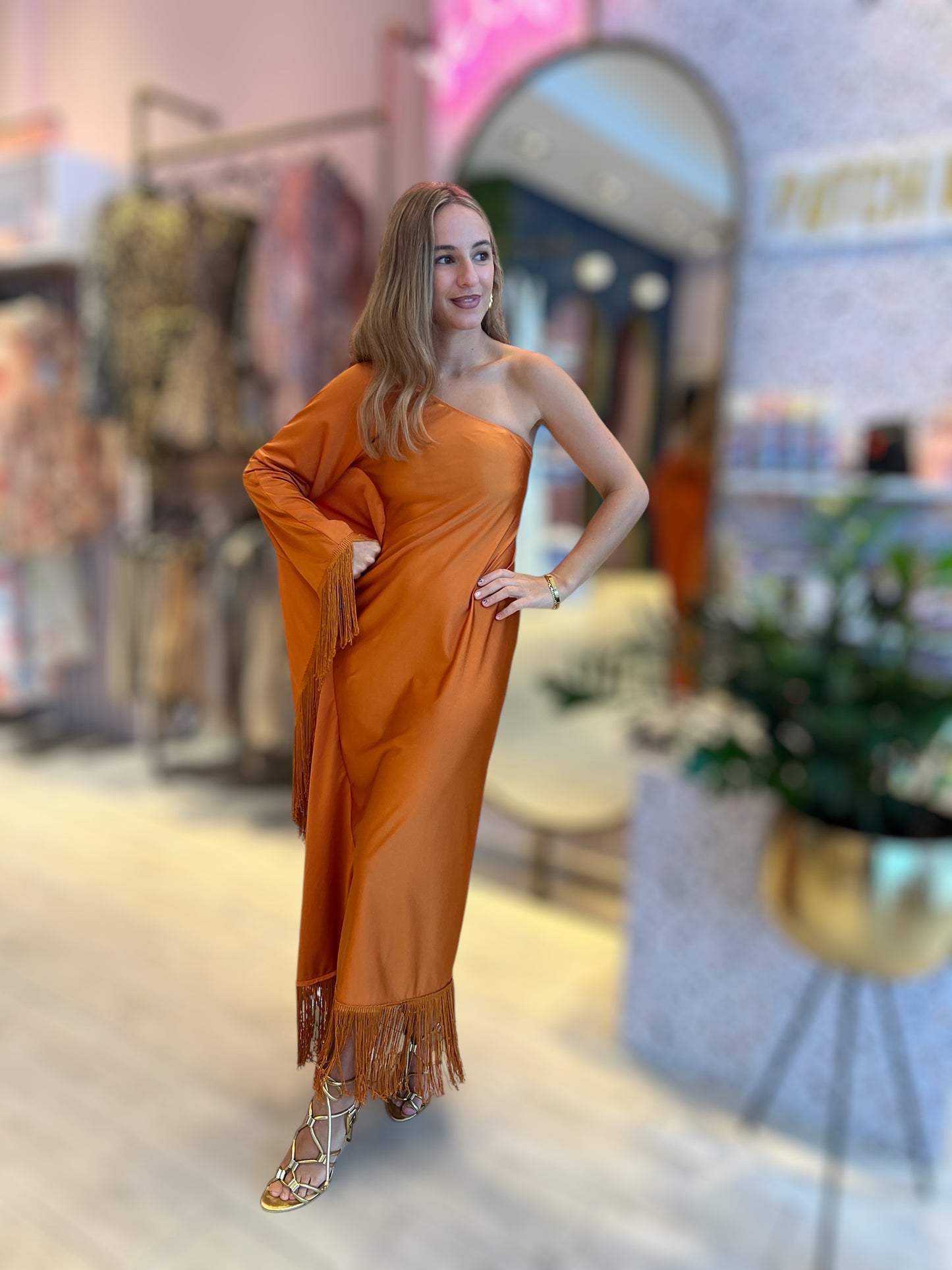 Orange Fringed One shoulder dress 25 abril