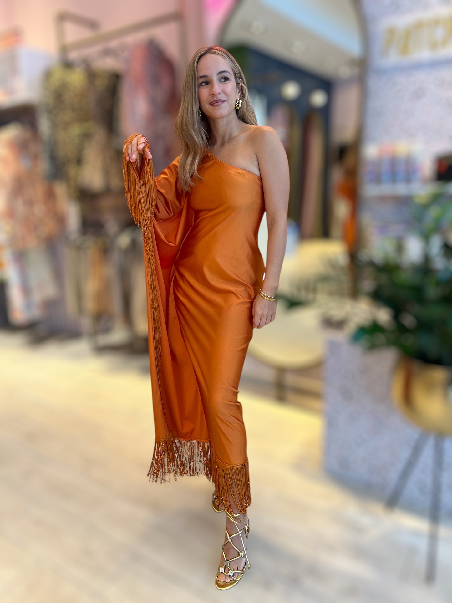 Orange Fringed One shoulder dress 25 abril